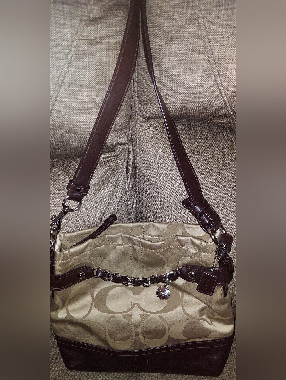 Coach Beige Jacquard Shoulder Bag with Brown Leather Trim # F18862